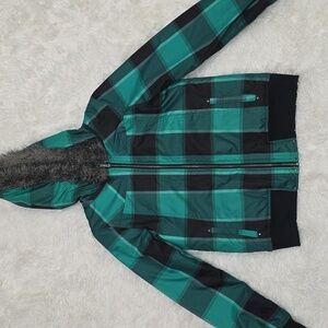 O'NEILL Green Plaid Bomber Coat With Faux Fur Hood. Size L